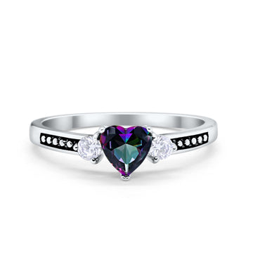 Heart Promise Ring Simulated Rainbow Topaz Black Accent 925 Sterling Silver